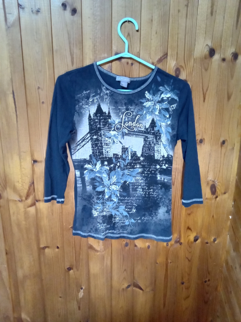 Laura Scott.Medium.Black London Graphic Long Sleeve Tee with Blue Floral Accents
